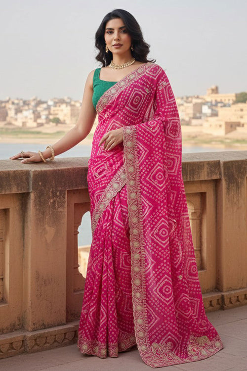 Pink Georgette Bandhej Print Saree