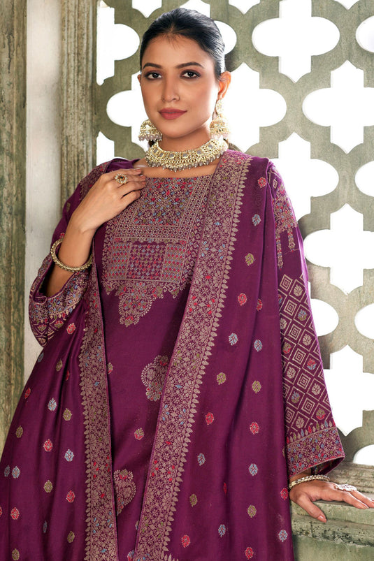Trendy Wine Color Pashmina Fabric Embroidered Salwar Suit