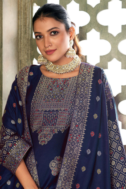 Pashmina Fabric Navy Blue Color Supreme Embroidered Salwar Suit