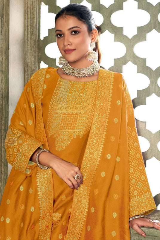 Alluring Pashmina Fabric Mustard Color Embroidered Salwar Suit