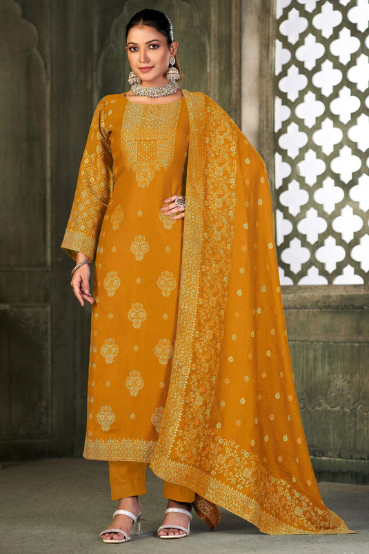 Alluring Pashmina Fabric Mustard Color Embroidered Salwar Suit