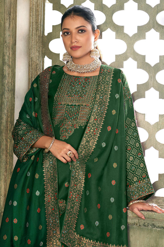 Excellent Pashmina Fabric Green Color Embroidered Salwar Suit