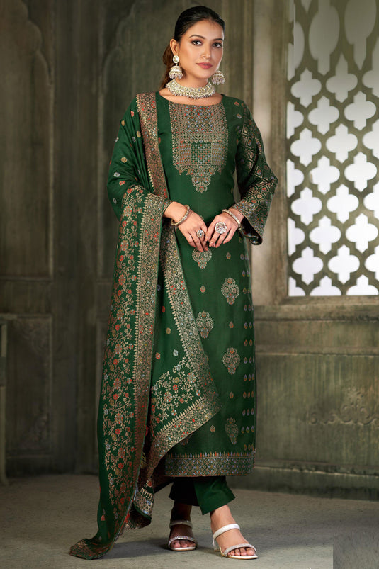 Excellent Pashmina Fabric Green Color Embroidered Salwar Suit
