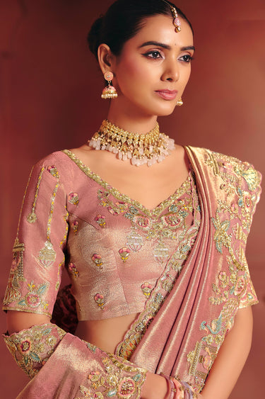 Embroidered Silk Pink Saree For Wedding Wear