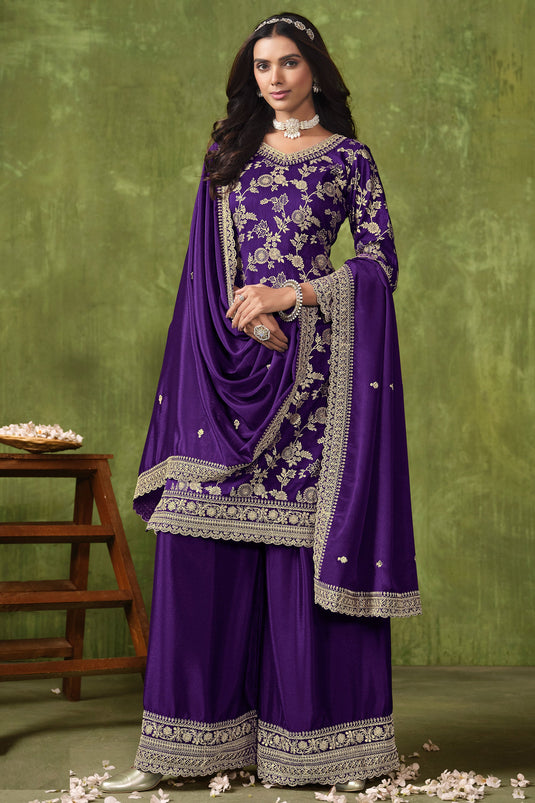 Purple Color Dola Silk Fabric Jacquard Work Classic Palazzo Suit