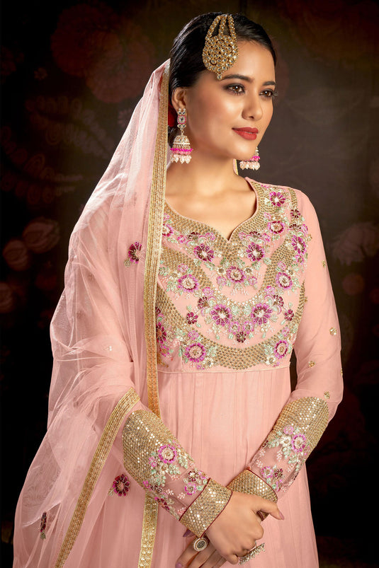 Dazzling Net Fabric Peach Color Embroidered Anarkali Suit