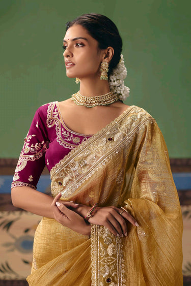Brown Function Wear Embroidered Border Work Designer Saree