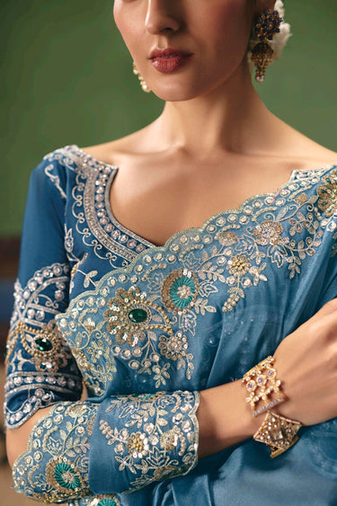 Embroidered Border Work Art Silk Cyan Saree For Function Wear