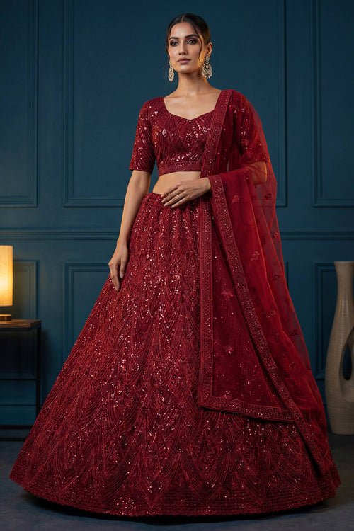Heavy Sequins Work Red Wedding Lehenga Choli In Net Fabric