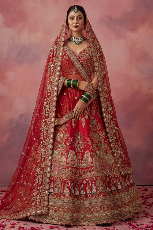 Graceful Heavy Embroidered Red Bridal Lehenga Choli In Silk Fabric