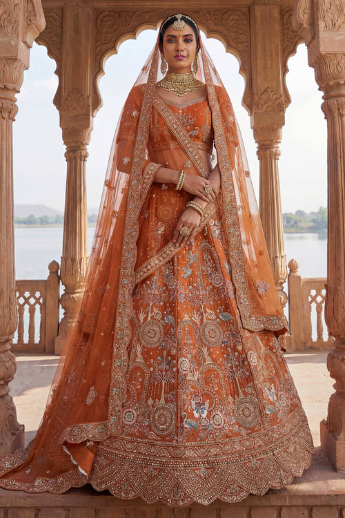 Orange Bridal Embroidered Lehenga Choli In Silk Fabric