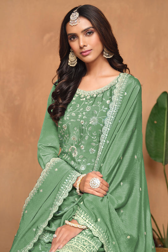 Chinon Fabric Green Color Function Special Elegant Palazzo Suit