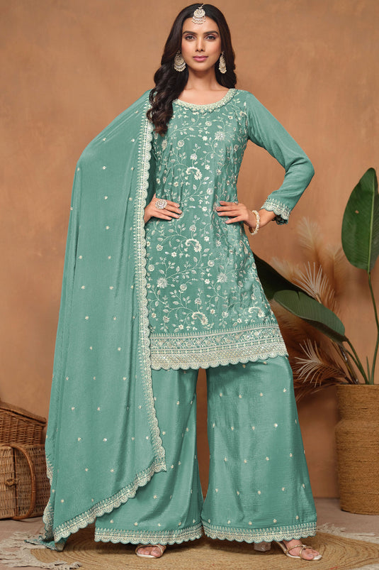 Sea Green Color Chinon Fabric Function Special Vintage Palazzo Suit