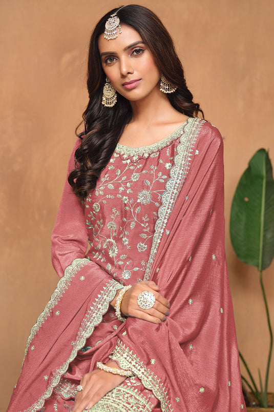 Chinon Fabric Function Special Lovely Palazzo Suit In Peach Color