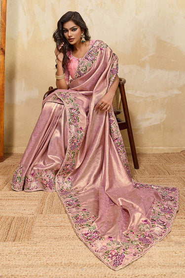 Pink Embroidered Art Silk Saree With Unstitched Blouse Piece