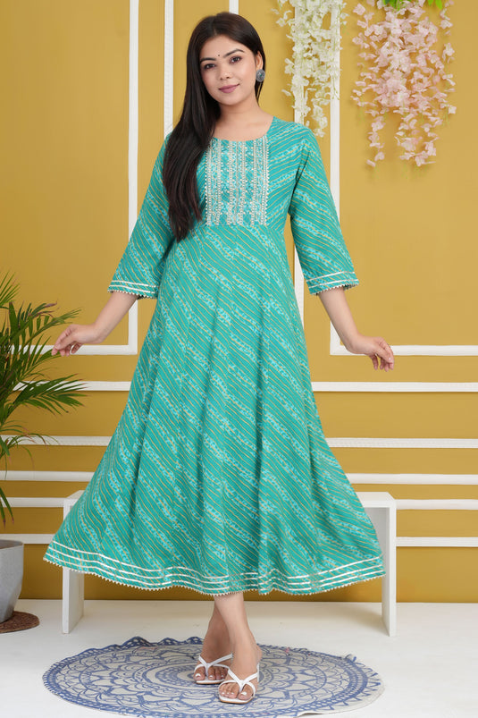 Sea Green Color Cotton Rayon Fabric Chic Readymade Kurti