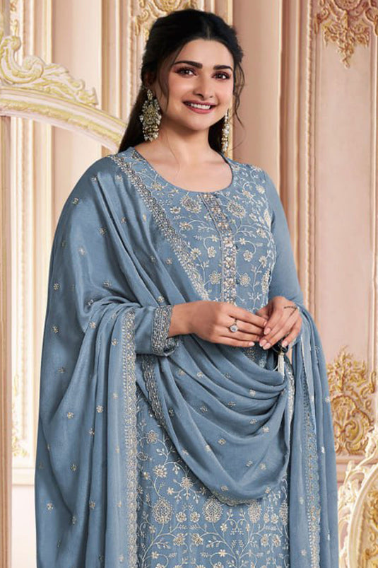 Prachi Desai Glorious Grey Color Chinon Silk Salwar Suit