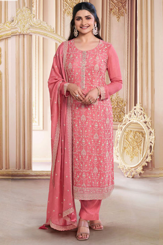 Prachi Desai Blazing Peach Color Chinon Silk Salwar Suit