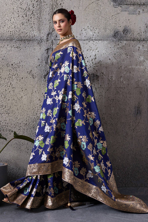 Art Silk Fabric Navy Blue Saree For Wedding Wear