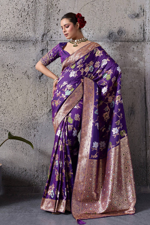 Art Silk Fabric Weaving Work Purple Saree For Wedding Wear