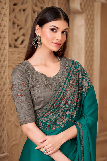 Art Silk Fabric Teal Party Wear Saree