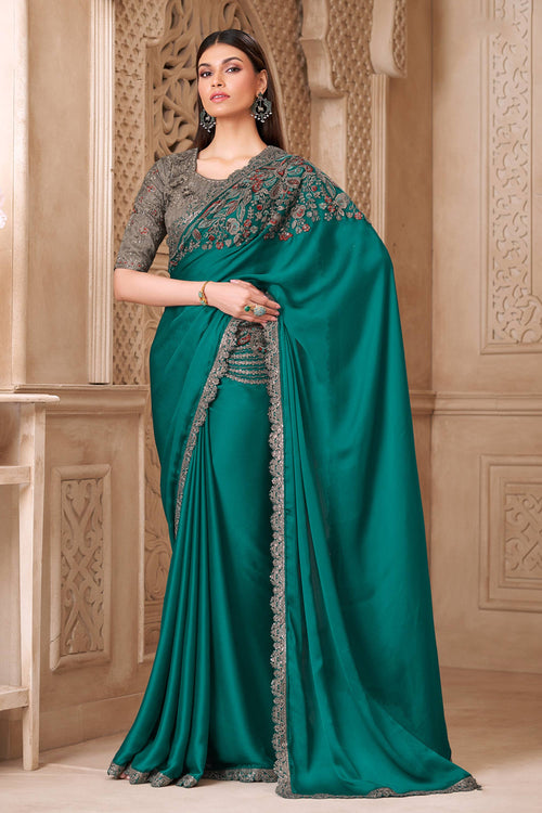 Art Silk Fabric Teal Party Wear Saree