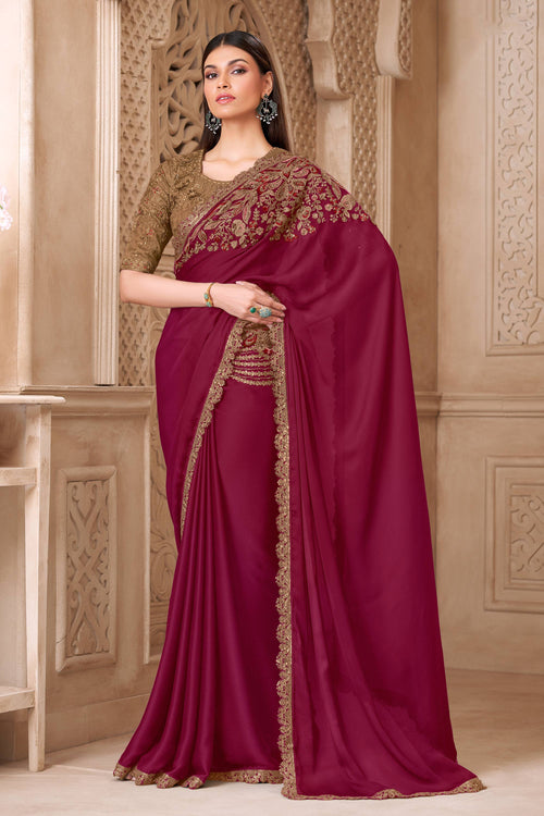 Art Silk Embroidered Maroon Saree For Party Wear