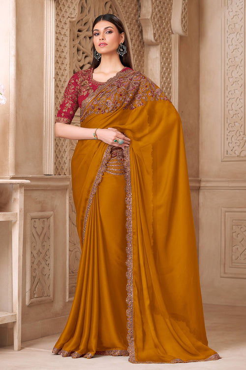 Embroidered Art Silk Mustard Party Wear Saree