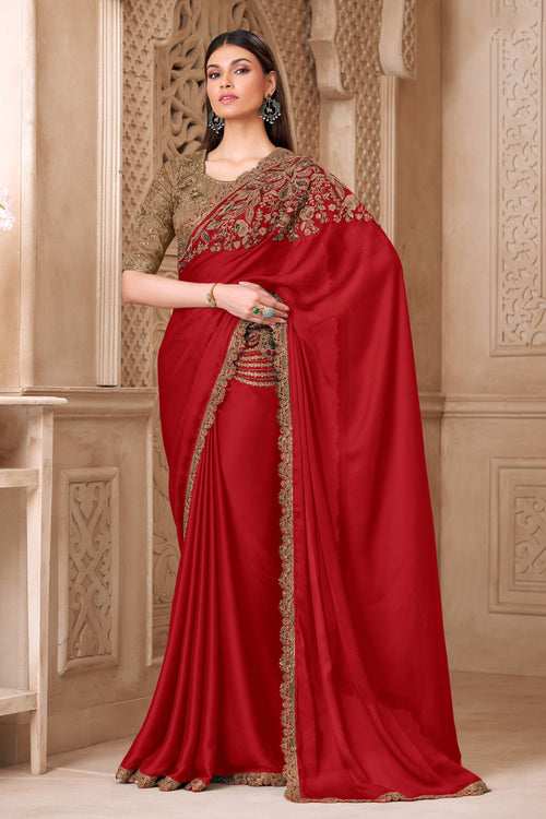 Embroidered Art Silk Fabric Red Party Wear Saree