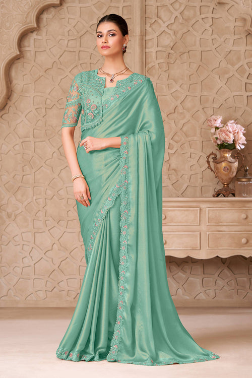 Lace Border Work Georgette Satin Sea Green Wedding Wear Saree