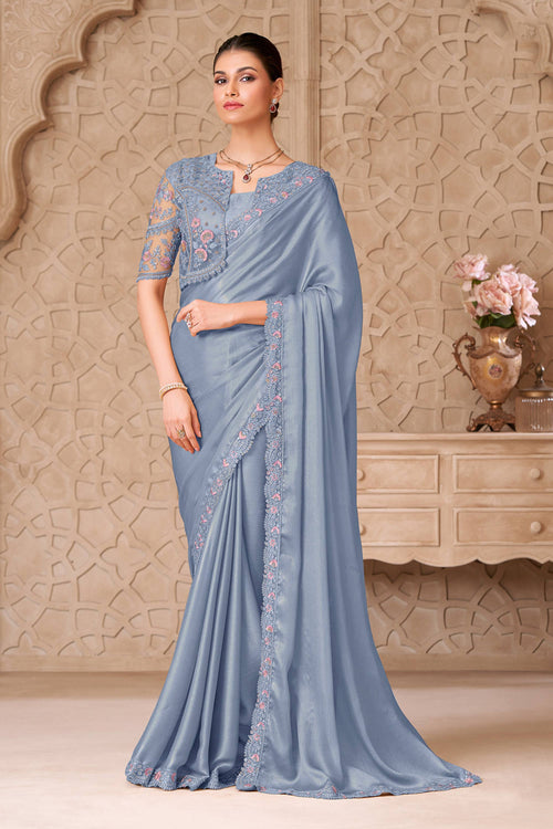 Lace Border Work Georgette Satin Sky Blue Wedding Wear Saree