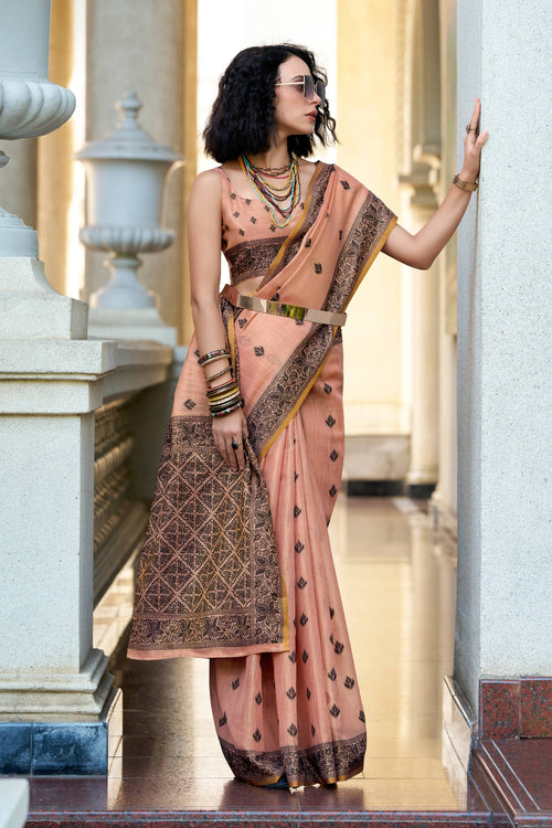 Tissue Fabric Weaving Work Peach Saree For Casual Wear
