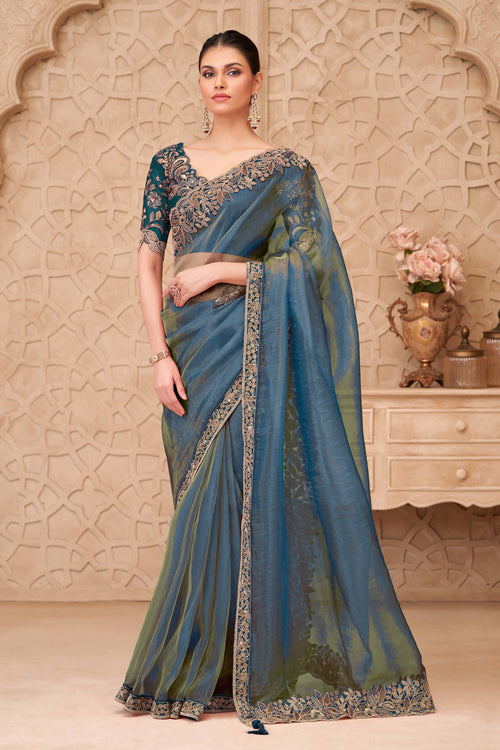 Embroidered Georgette Silk Blue Saree For Party Wear
