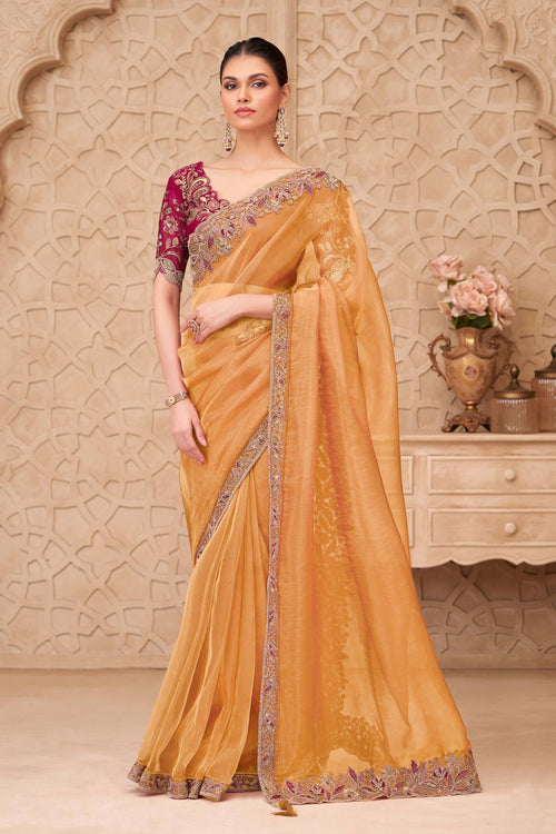 Georgette Silk Fabric Embroidered Yellow Party Wear Saree