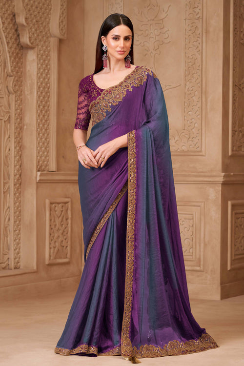 Art Silk Embroidered Purple Saree For Function Wear