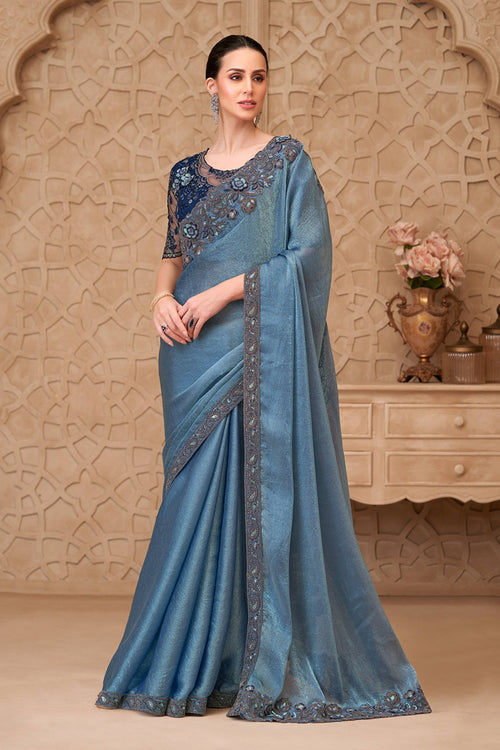 Georgette Satin Cyan Festive Wear Saree