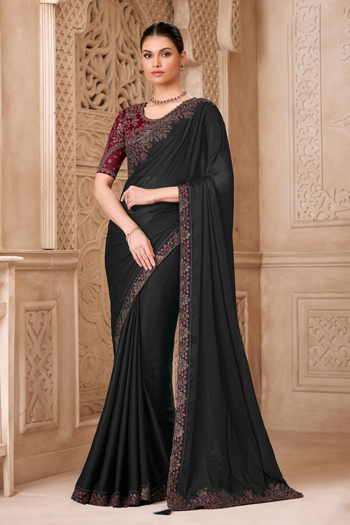 Black Art Silk Fabric Embroidered Party Wear Saree
