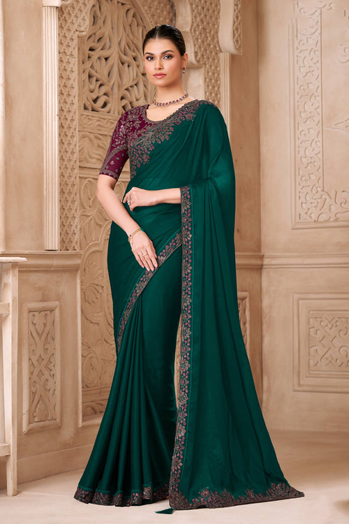 Art Silk Fabric Embroidered Dark Green Party Wear Saree