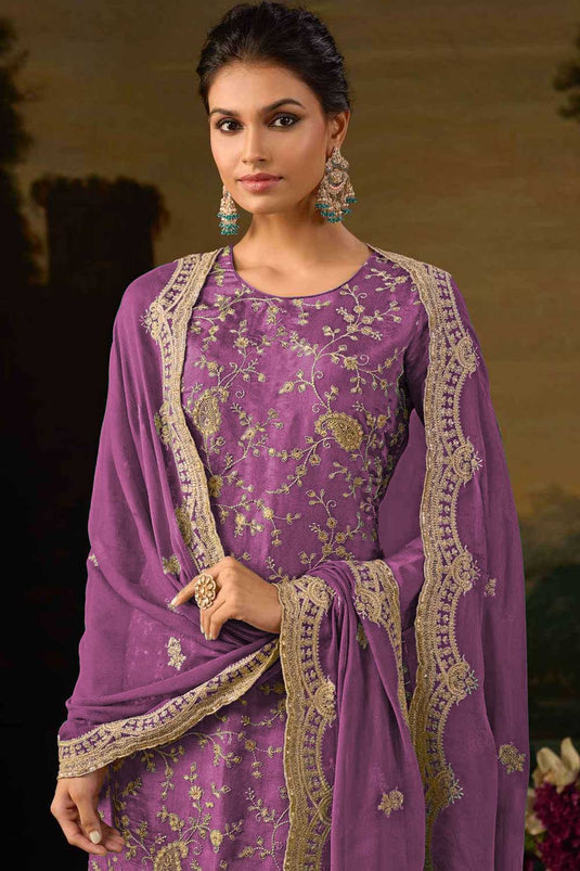 Lavender Color Art Silk Fabric Vintage Festive Salwar Suit