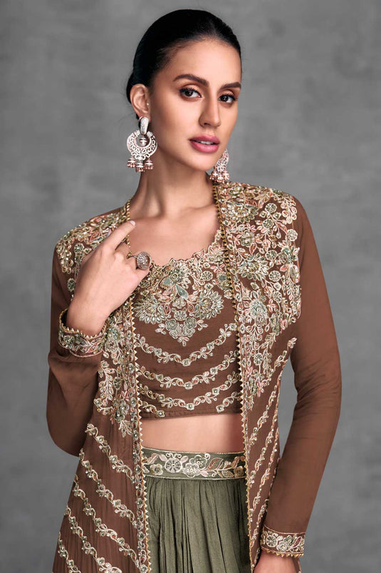 Brown Color Chinon Fabric Stunning Readymade Lehenga