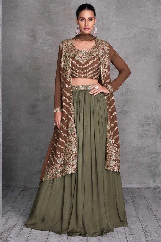 Brown Color Chinon Fabric Stunning Readymade Lehenga