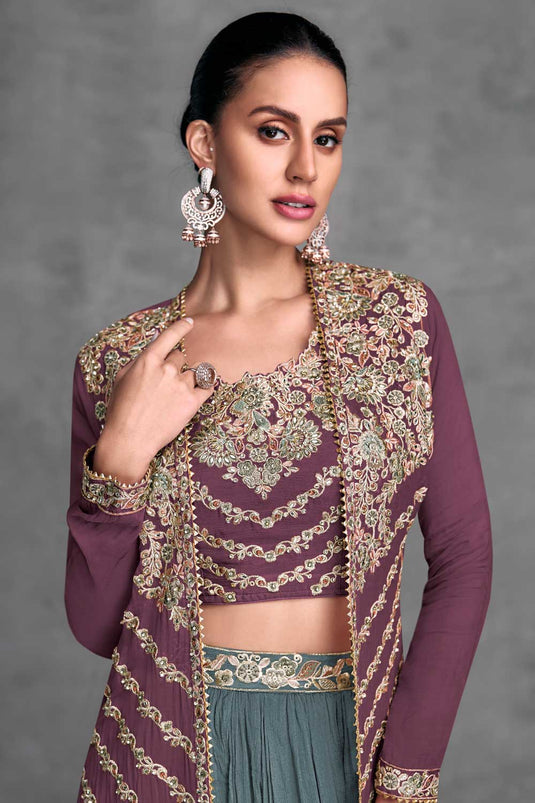 Beguiling Purple Color Chinon Fabric Readymade Lehenga