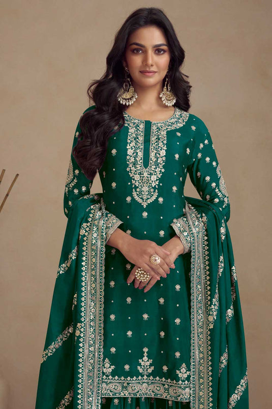 Engaging Green Color Art Silk Fabric Palazzo Suit