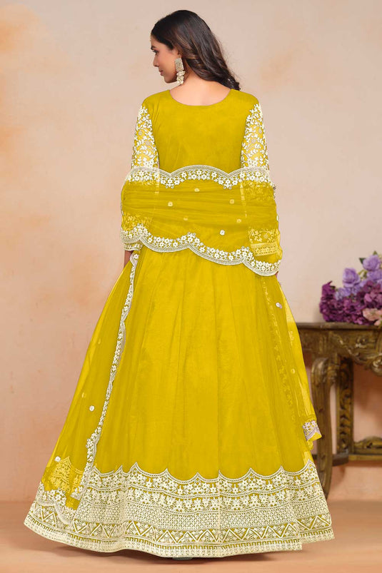 Incredible Net Fabric Yellow Color Embroidered Anarkali Suit