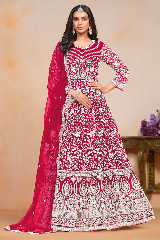 Classic Rani Color Embroidered Anarkali Suit In Net Fabric