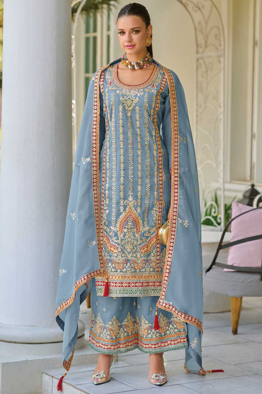 Incredible Grey Color Readymade Palazzo Suit