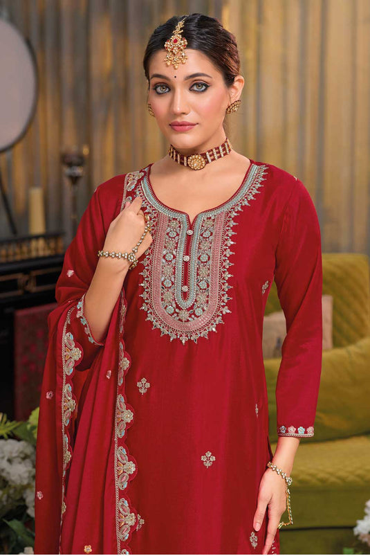 Radiant Red Color Function Wear Chinon Palazzo Suit