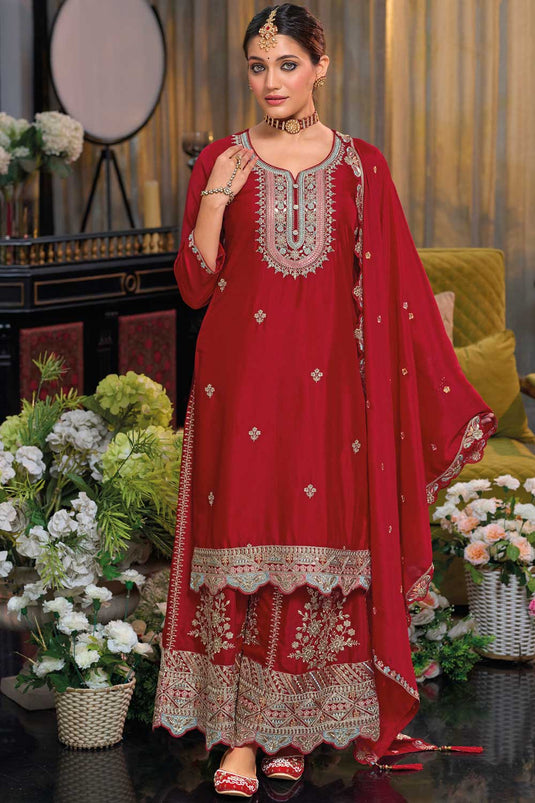 Radiant Red Color Function Wear Chinon Palazzo Suit