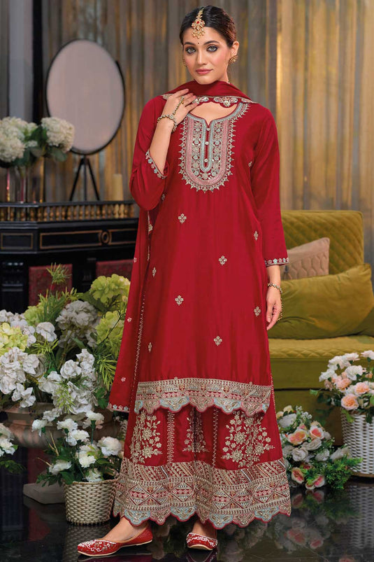 Radiant Red Color Function Wear Chinon Palazzo Suit