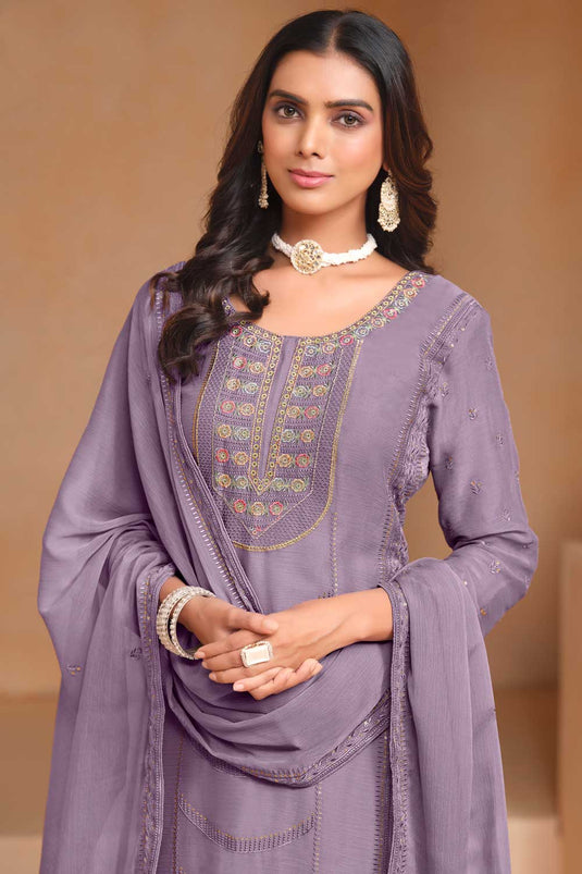 Lavender Color Festive Style Classic Organza Salwar Suit